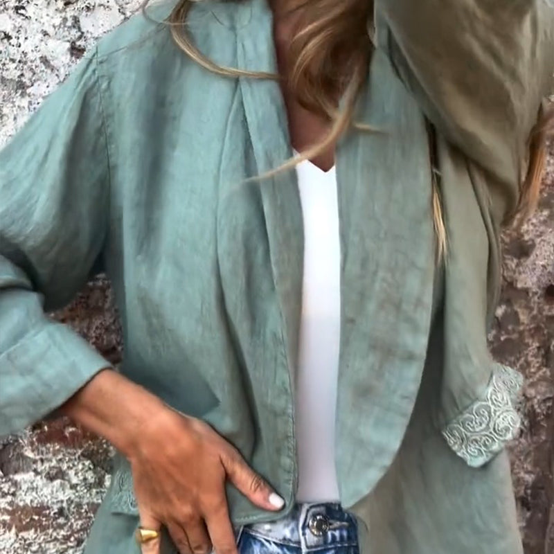 Damen-Blazer aus Baumwollleinen mit offener Vorderseite
