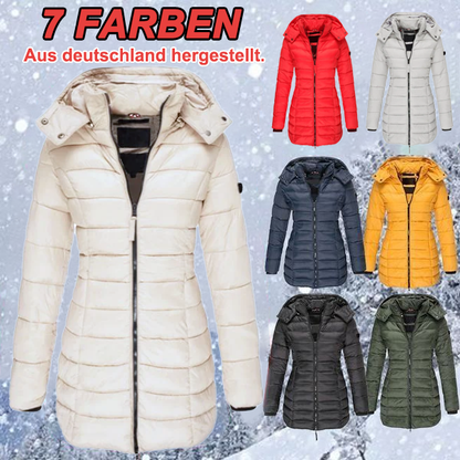 Mittellange wattierte Winterjacke für Frauen, einfarbige, warme Kapuzenjacke【Kostenloser Versand】