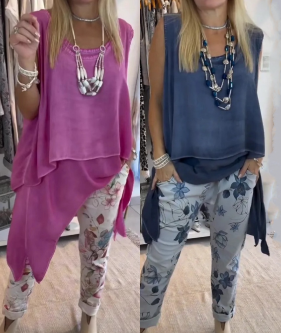 Damen-Zweiteiler: Ärmelloses Top und bedruckte Hose
