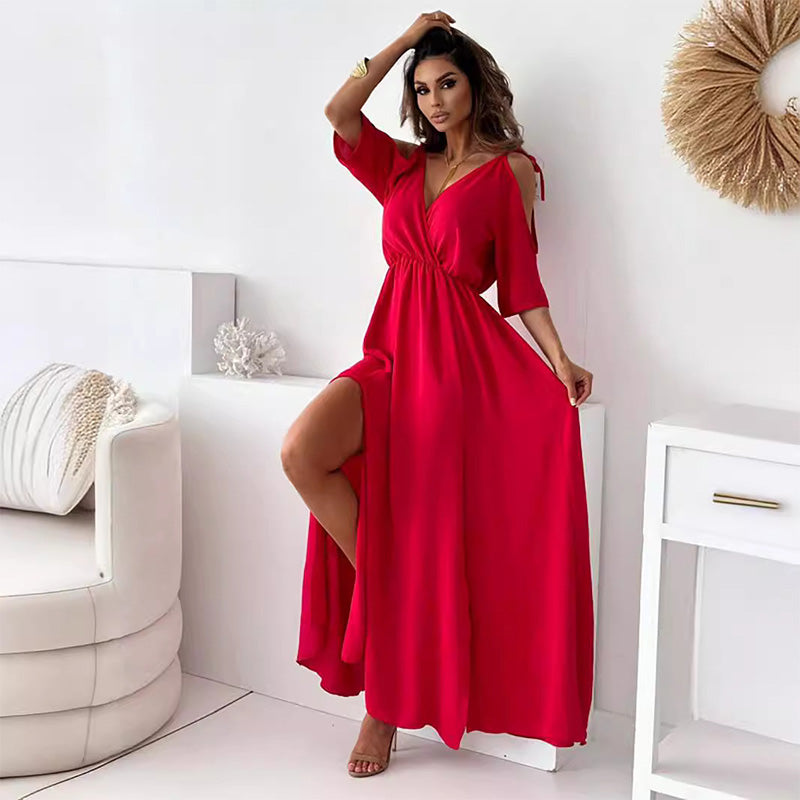 💯Elegantes, sexy Kleid mit V-Ausschnitt und Seitenschlitz für Damen