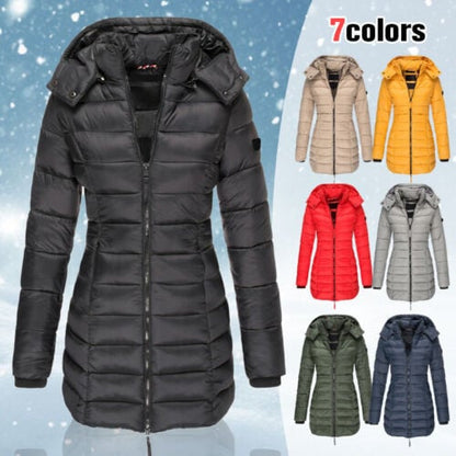 Mittellange wattierte Winterjacke für Frauen, einfarbige, warme Kapuzenjacke【Kostenloser Versand】