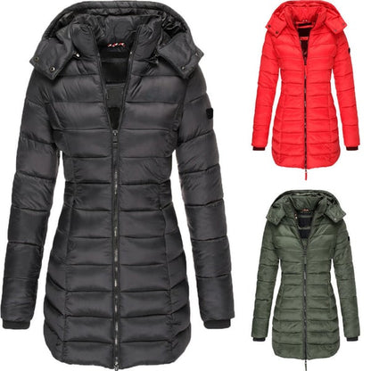 Mittellange wattierte Winterjacke für Frauen, einfarbige, warme Kapuzenjacke【Kostenloser Versand】