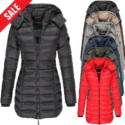 Mittellange wattierte Winterjacke für Frauen, einfarbige, warme Kapuzenjacke【Kostenloser Versand】