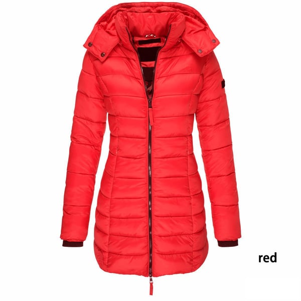 Mittellange wattierte Winterjacke für Frauen, einfarbige, warme Kapuzenjacke【Kostenloser Versand】