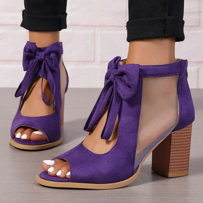 Offene Sandalen mit Schleife und klobigem Absatz für Damen