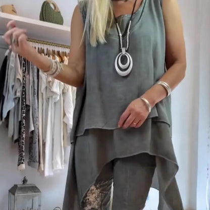 Damen-Zweiteiler: Ärmelloses Top und bedruckte Hose