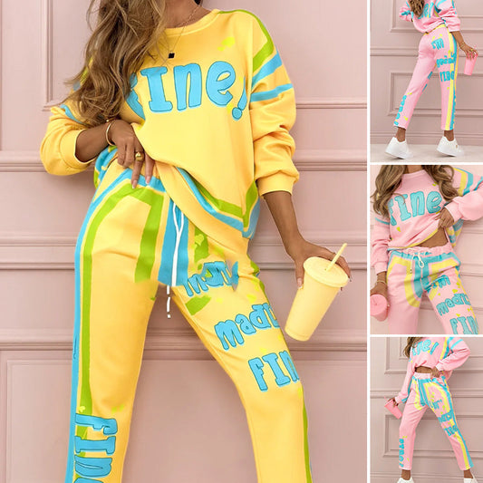 Zweiteiliges Sweatshirt- und Jogginghosen-Set mit buntem Aufdruck für Damen