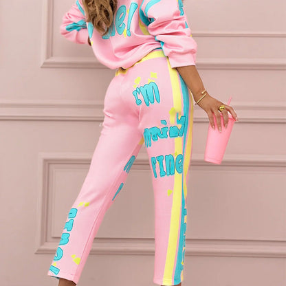Zweiteiliges Sweatshirt- und Jogginghosen-Set mit buntem Aufdruck für Damen