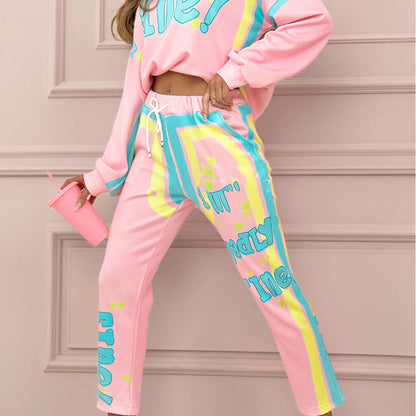 Zweiteiliges Sweatshirt- und Jogginghosen-Set mit buntem Aufdruck für Damen