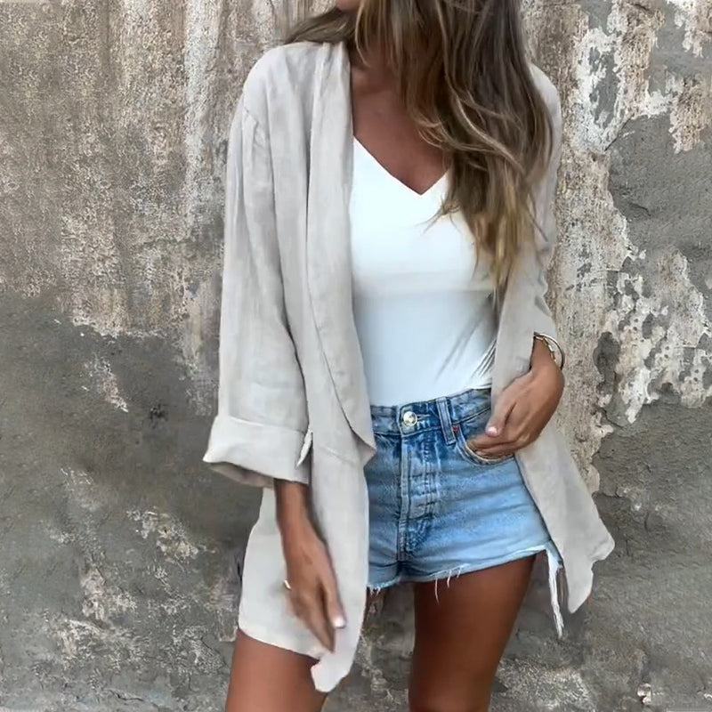 Damen-Blazer aus Baumwollleinen mit offener Vorderseite