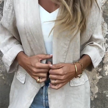 Damen-Blazer aus Baumwollleinen mit offener Vorderseite