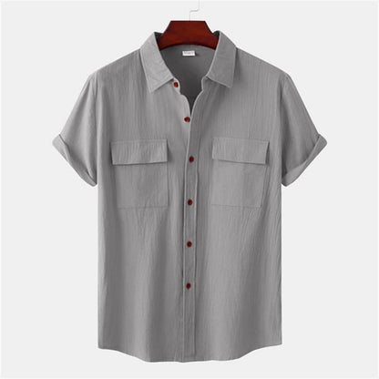 Camicia da uomo a maniche corte casual in cotone e lino tinta unita