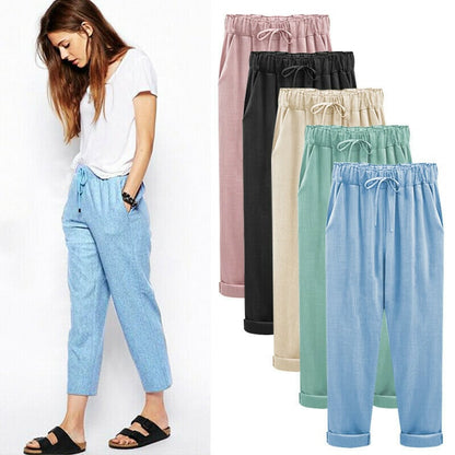 Plus Size Solid Color Elastic Waist Loose Cropped Trousers