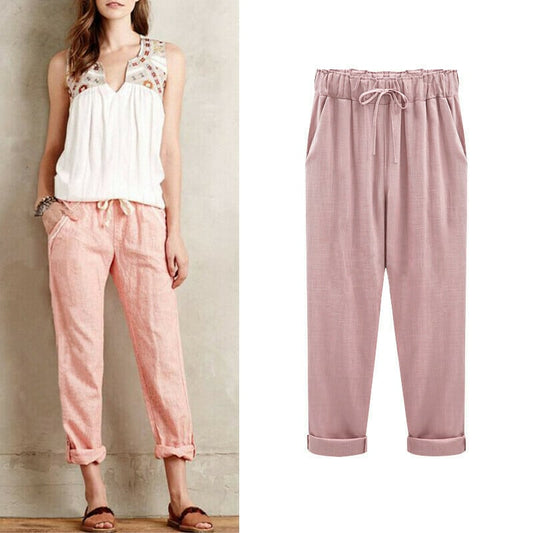 Plus Size Solid Color Elastic Waist Loose Cropped Trousers