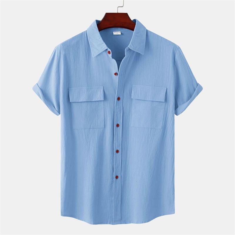 Camicia da uomo a maniche corte casual in cotone e lino tinta unita