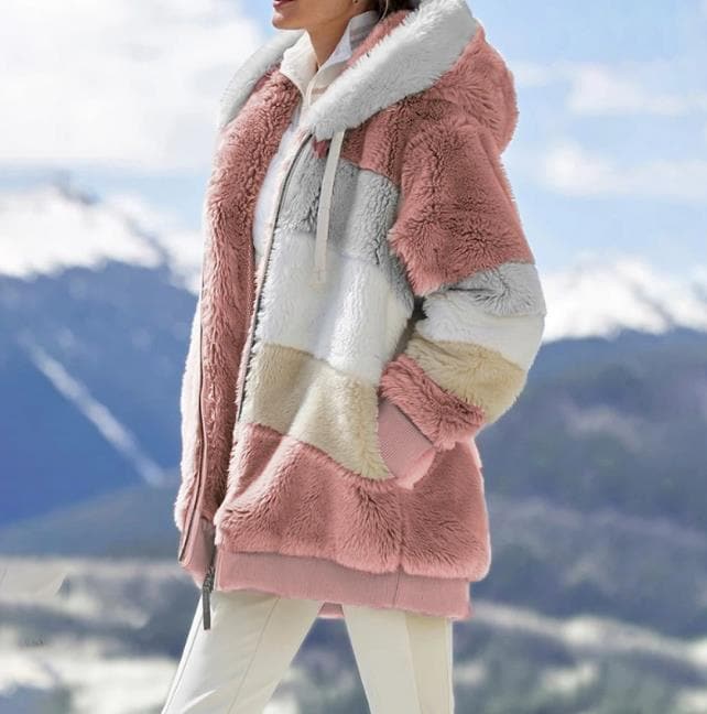 Damen Winter-Plüsch-Kapuzen-Colorblock-Jacke mit Taschen