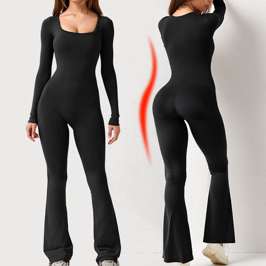 [Geschenk für Sie] Frauen Langarm Quadratischer Ausschnitt Weites Bein Jumpsuit