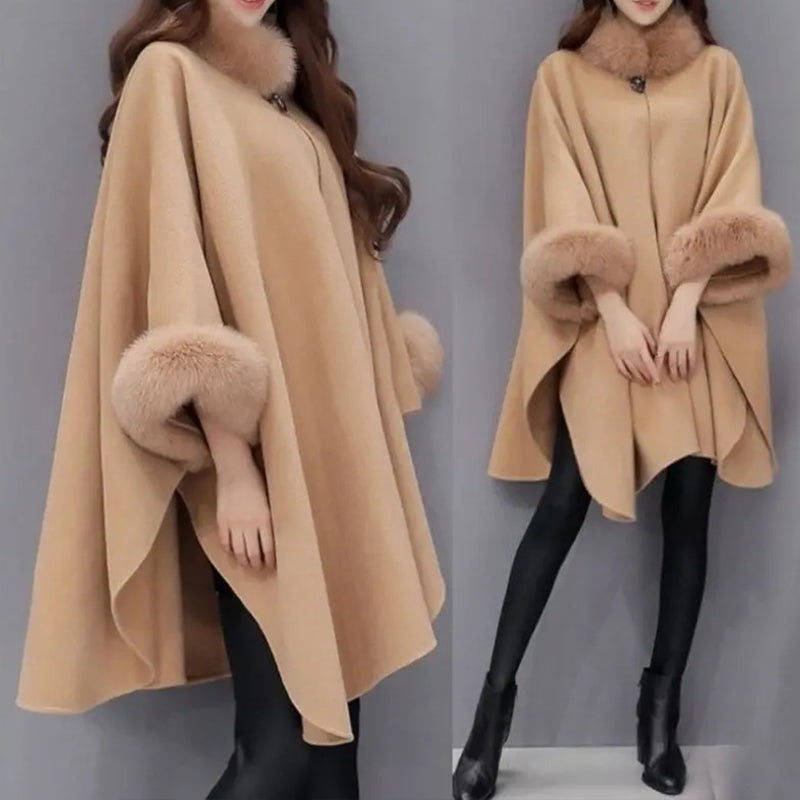 🎄💖[Bestes Geschenk für sie] Elegante solide Farbe Kunstpelz Kragen Lose Poncho Mantel