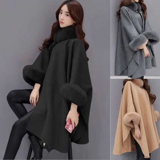 🎄💖[Bestes Geschenk für sie] Elegante solide Farbe Kunstpelz Kragen Lose Poncho Mantel